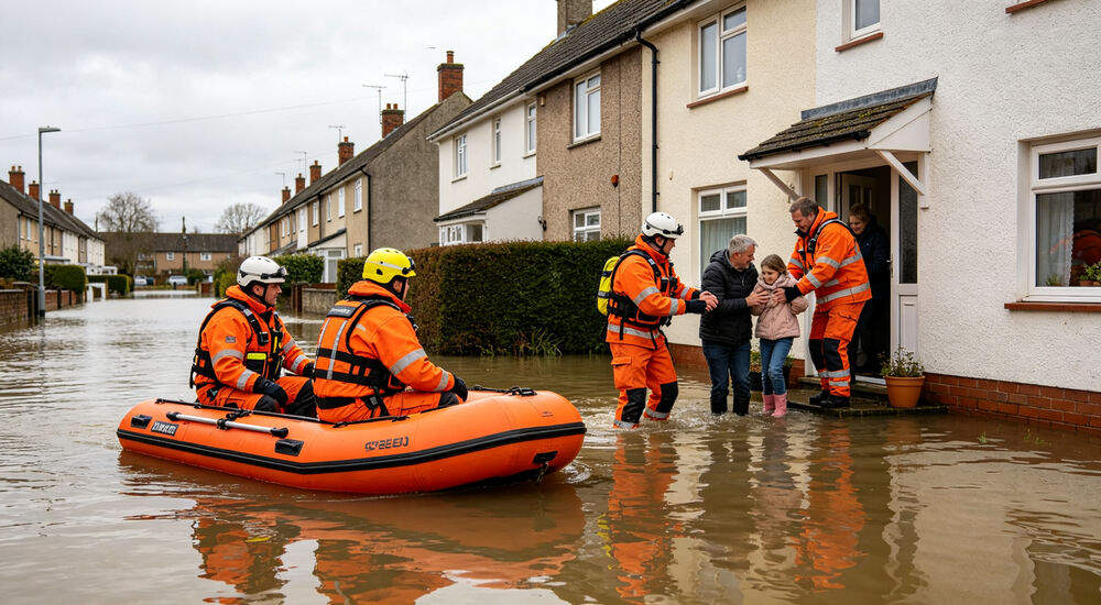 Flood rescue team in orange uniforms helping a family from a flooded residential street in inflatable boat