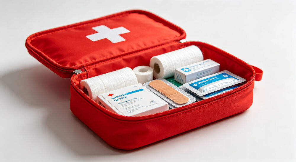 Open red waterproof first aid kit showing bandages and medical supplies inside