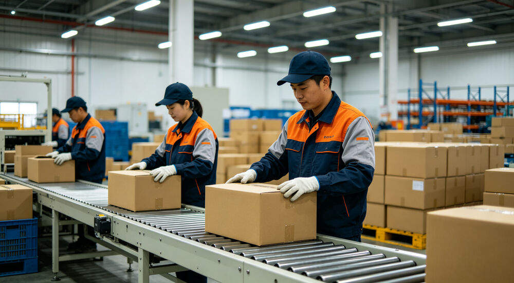 Warehouse workers packing emergency supply boxes on conveyor belt for bulk orders