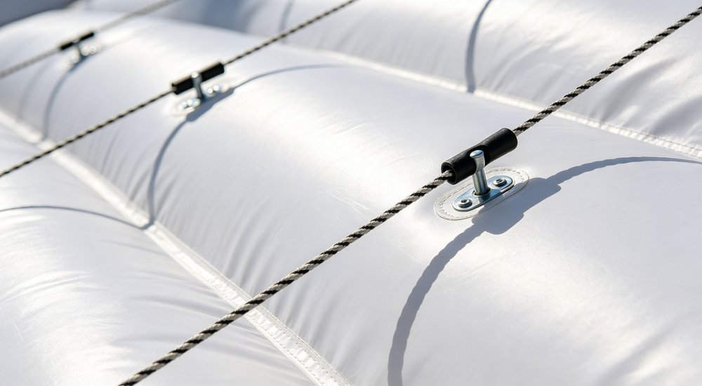 Inflatable tent guy lines and anchoring system, close-up detail, green grass red and white inflatable emergency shelter for disaster relief operations