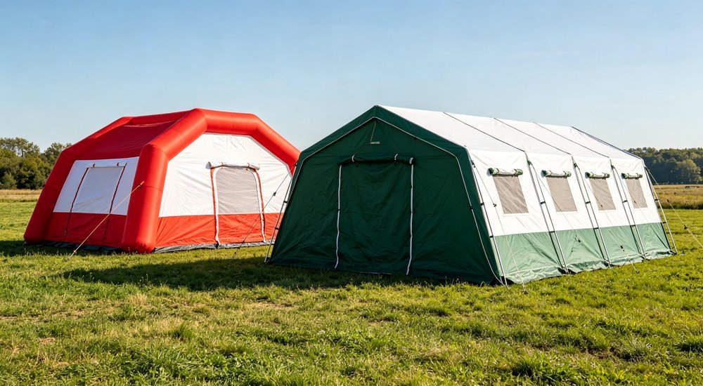 Price comparison of inflatable vs frame tent showing cost difference, product shot red and white inflatable emergency shelter for disaster relief operations