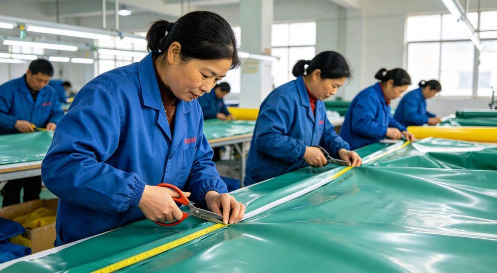 Chinese factory workers with Asian faces manufacturing inflatable tents in bright clean workshop red and white inflatable emergency shelter for disaster relief operations