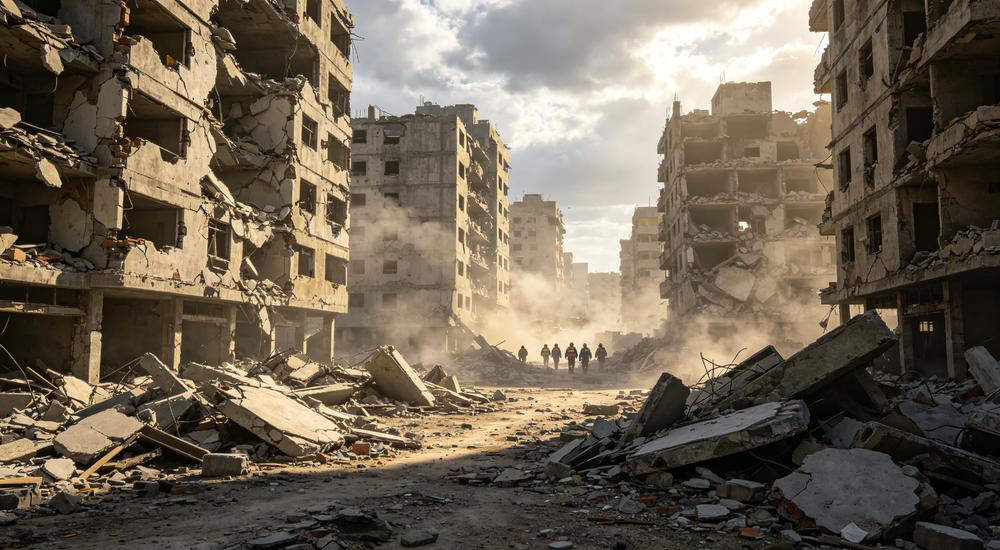 Wide-angle view of earthquake rubble panorama showing collapsed concrete buildings, disaster relief supplies teams deploy to earthquake zones for search and rescue operations Wide-angle view of earthquake rubble panorama showing collapsed concrete buildings, disaster relief supplies teams deploy to earthquake zones for search and rescue operations