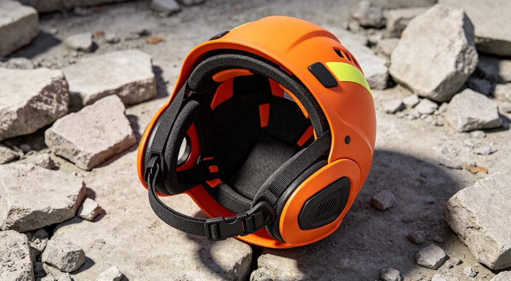 Close-up of orange rescue helmet on rubble, essential PPE for earthquake emergency kit, supplied for search and rescue teams in bulk wholesale