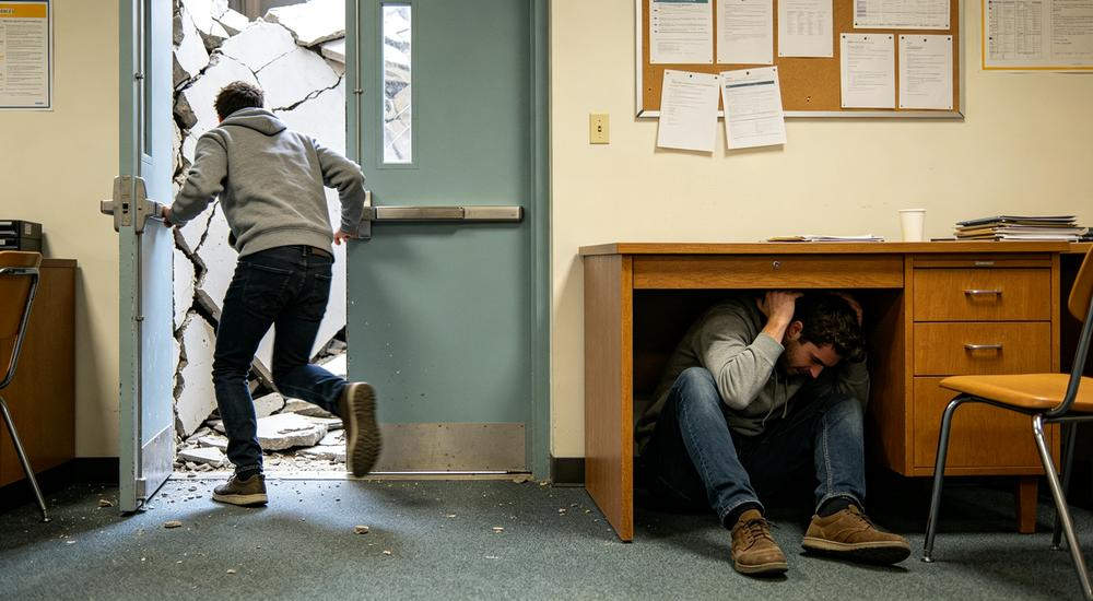 Earthquake myth vs fact comparison, running for doors drops vs taking cover, proper safety knowledge protects both civilians and rescue teams Earthquake myth vs fact comparison, running for doors drops vs taking cover, proper safety knowledge protects both civilians and rescue teams
