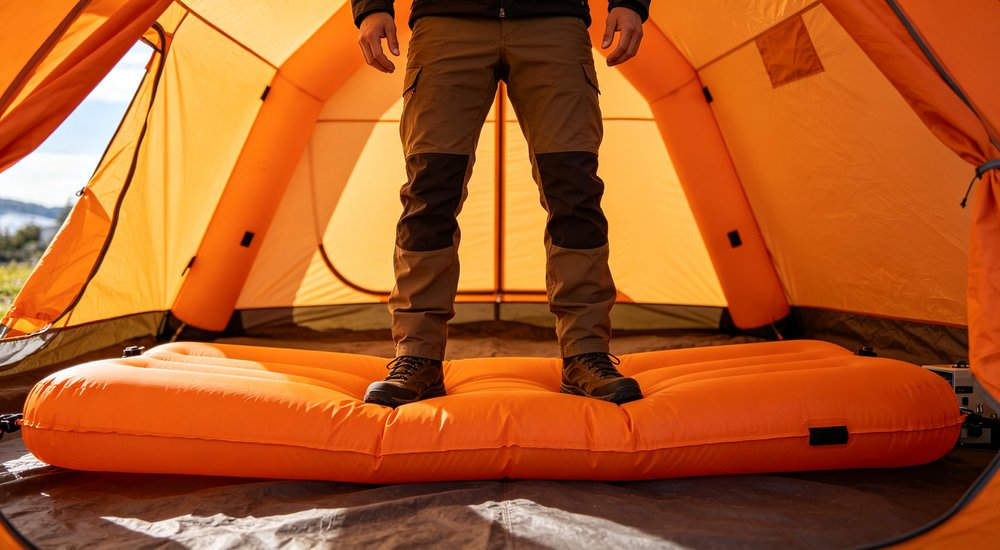 Load test of air beam tent showing structural strength, workers testing, green grass red and white inflatable emergency shelter for disaster relief operations