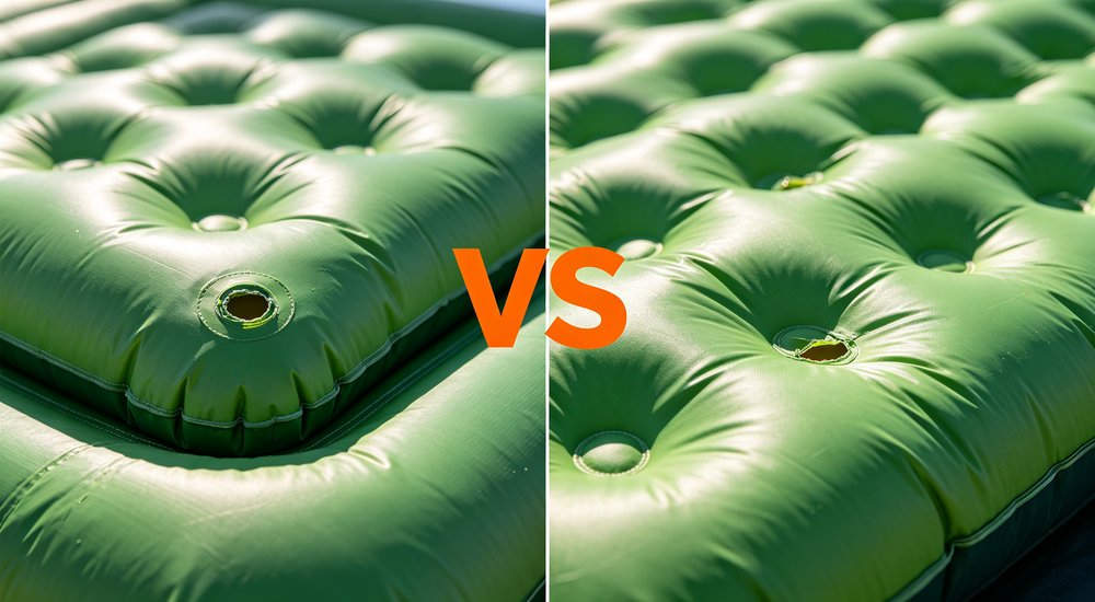 Single chamber vs multi chamber air beam comparison, side by side, product shot red and white inflatable emergency tent for disaster relief operations
