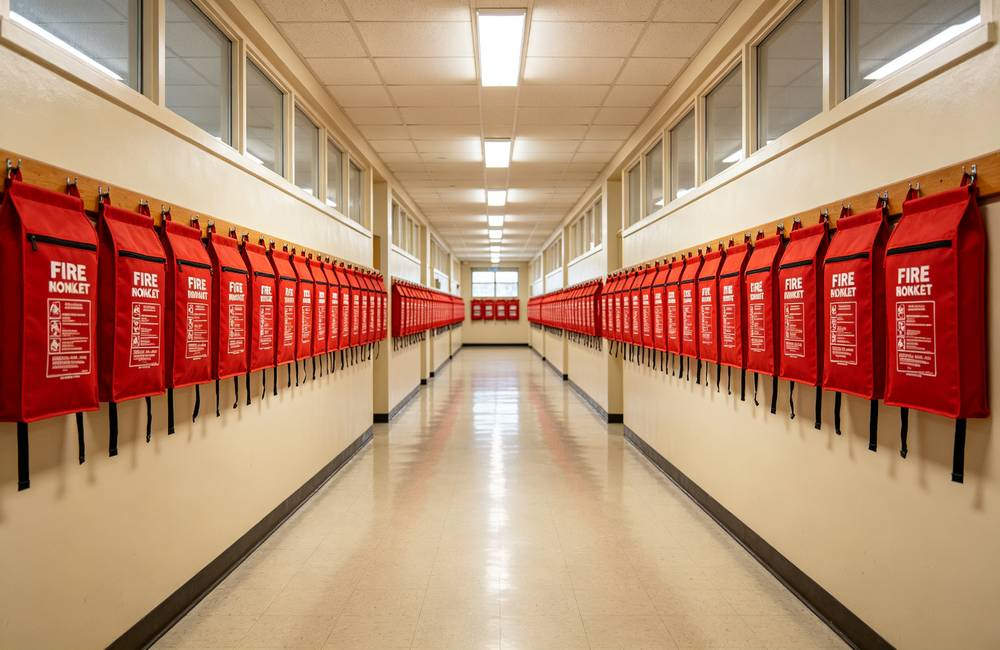 Wall mounted red fire blanket storage bags lined up in school hallway for emergency fire safety program and bulk procurement today