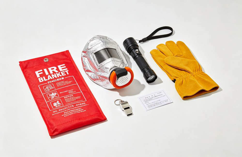 Five piece home fire safety kit flat lay with silver EN403 mask and English packaging CE certified for wholesale buyers today