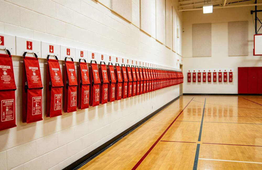 School gymnasium walls lined with fire blankets mounted at eye level for quick access during fire emergency in community shelter today