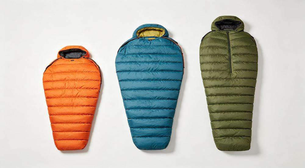 Top view of different sleeping bag sizes laid out, single and double dimensions comparison on white background, product measurement display Top view of different sleeping bag sizes laid out, single and double dimensions comparison on white background, product measurement display
