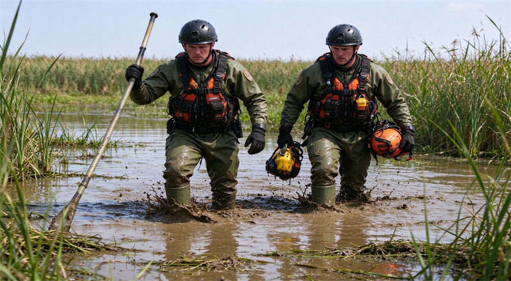 Swamp wetland rescue team wading through muddy shallow water wearing waterproof neoprene boots, rubber outsole self cleaning through muck and reeds