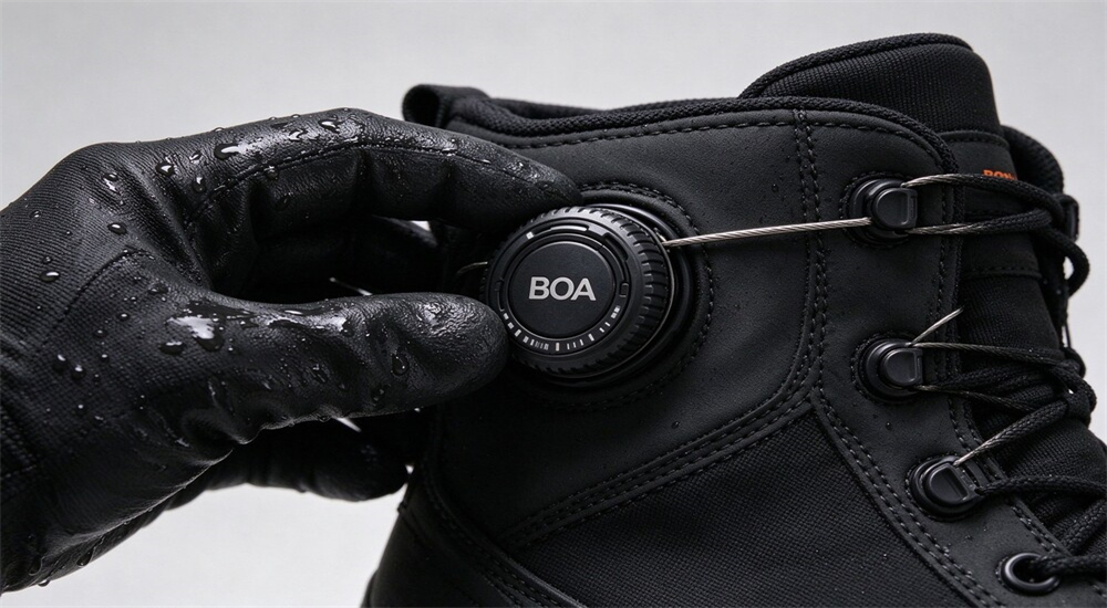 Hand wearing wet glove adjusting BOA quick dial on waterproof rescue boots close up, steel cable tightening with one twist, flood response boots closure