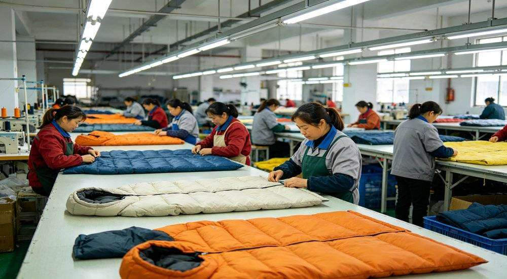 Wide angle view of factory quality control inspection workers checking sleeping bag stitching production line Wide angle view of factory quality control inspection workers checking sleeping bag stitching production line