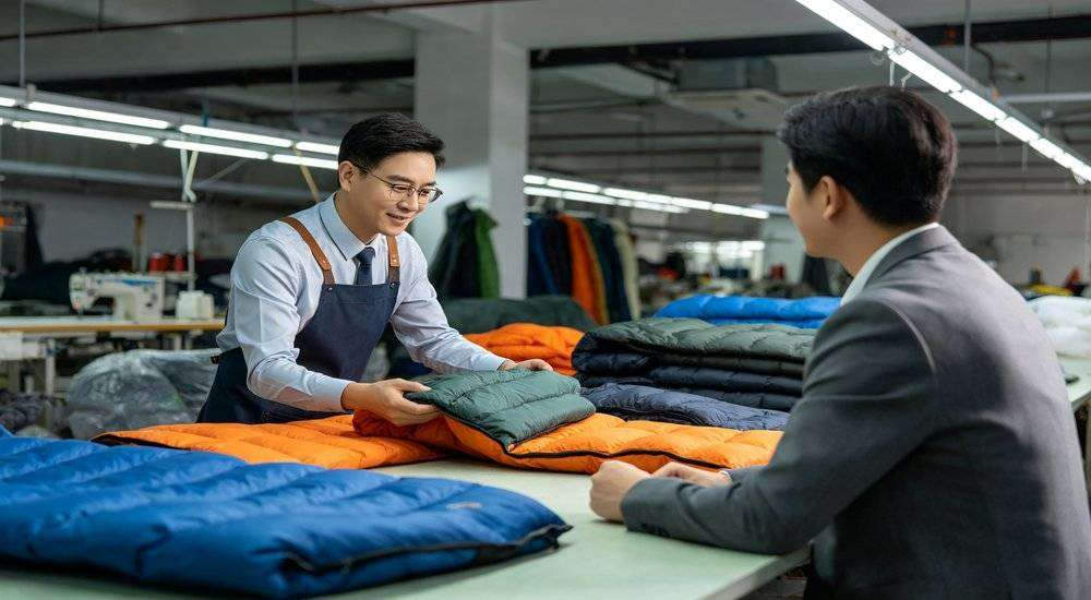 Wide angle view of sleeping bag quotation scene factory manager showing samples to buyer professional