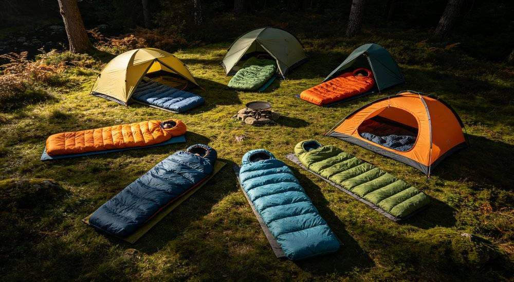 Wide angle view of multi location sleeping bag deployment different shelter types various settings Wide angle view of multi location sleeping bag deployment different shelter types various settings