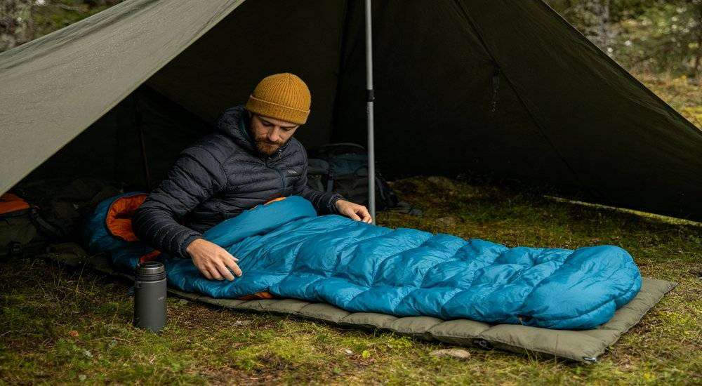 Wide angle view of sleeping bag sample testing evaluator testing in real world shelter setting hands on Wide angle view of sleeping bag sample testing evaluator testing in real world shelter setting hands on
