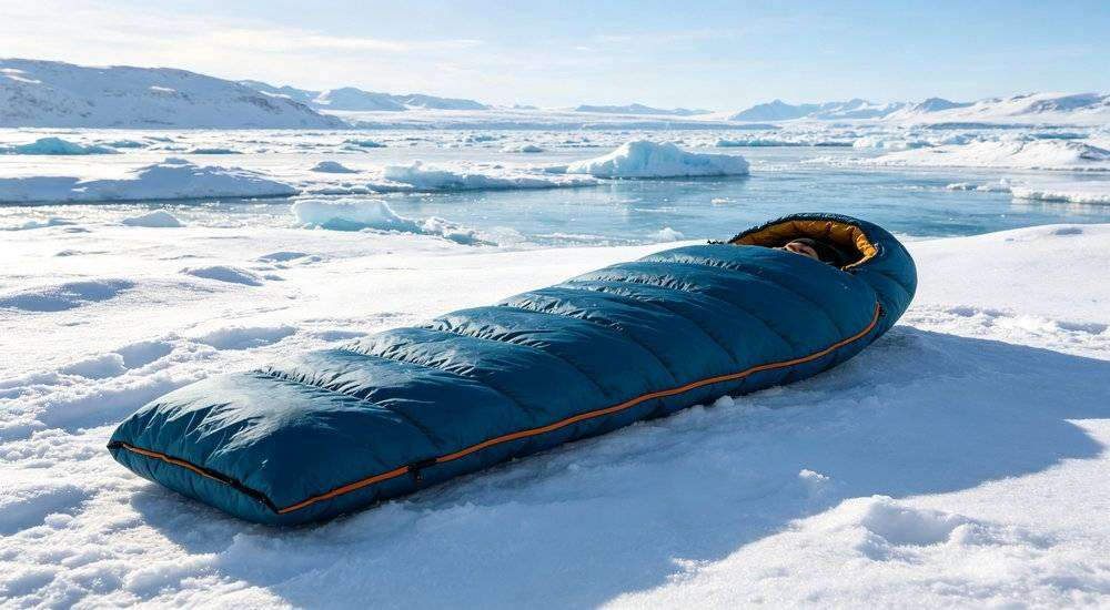 Wide angle view of cold climate sleeping bag with snow and ice background winter temperature rating Wide angle view of cold climate sleeping bag with snow and ice background winter temperature rating