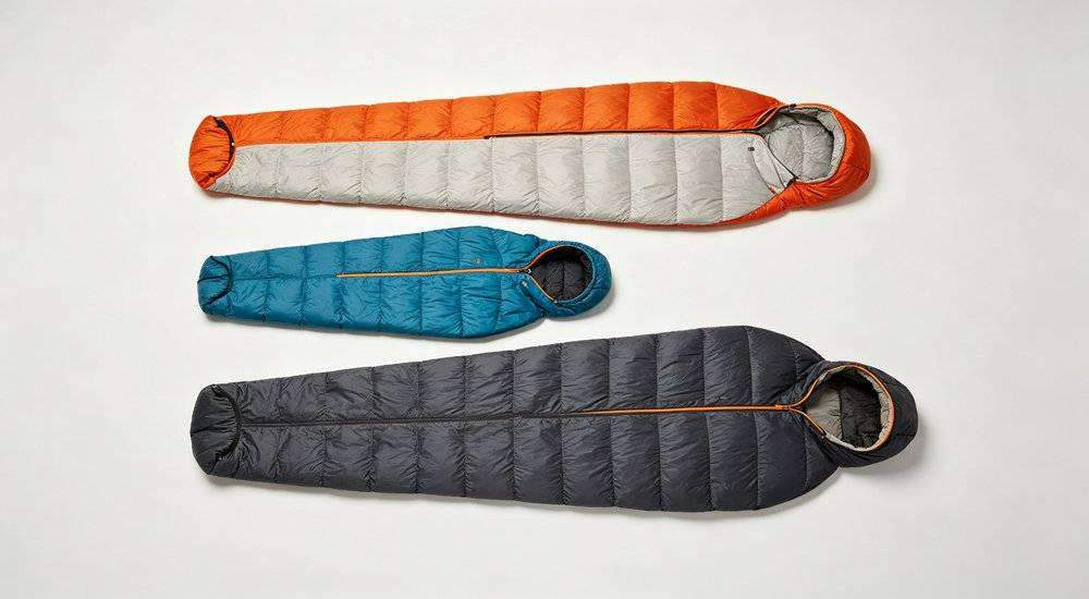 Top view of different sleeping bag sizes laid out body dimensions comparison single large white background
