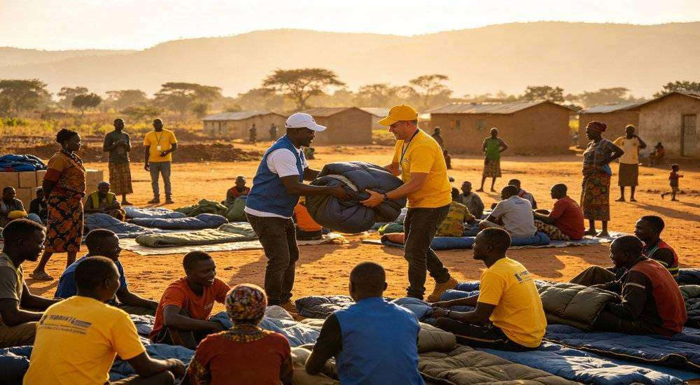 Wide angle view of African emergency relief distribution volunteers handing out sleeping bags in village Wide angle view of African emergency relief distribution volunteers handing out sleeping bags in village