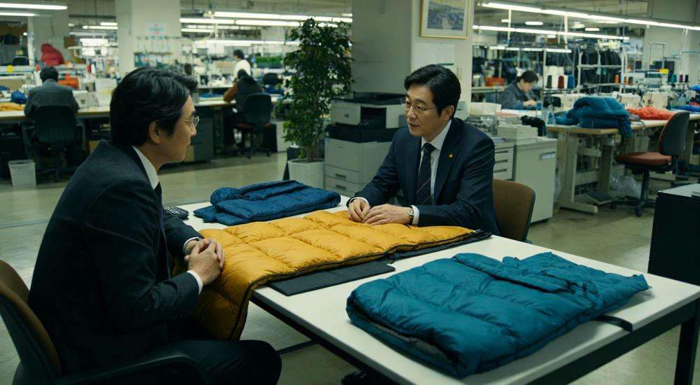 Wide angle view of business meeting buyer supplier discussing sleeping bag samples factory Wide angle view of business meeting buyer supplier discussing sleeping bag samples factory