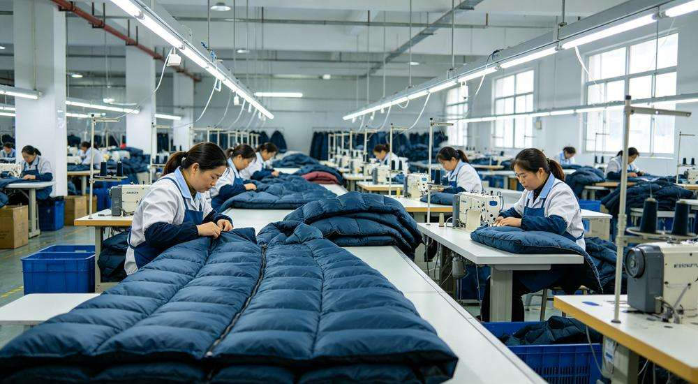 Wide angle view of sleeping bag factory production line workers sewing quality control Wide angle view of sleeping bag factory production line workers sewing quality control
