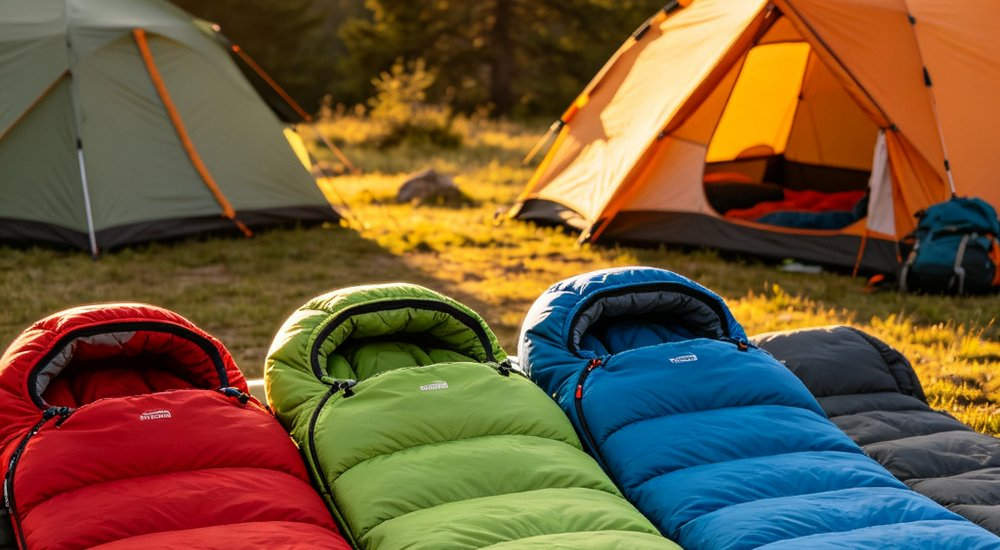Eye level outdoor scene of camping sleeping bags in vibrant red green and blue colors set up near canvas tents among pine trees during warm golden hour sunset light for recreational camping