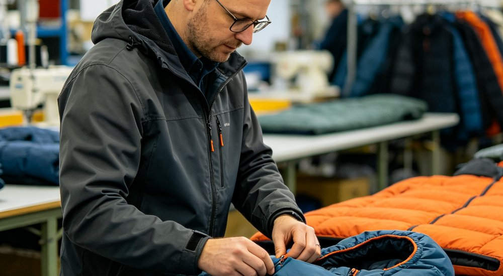 Medium shot of quality control inspector in white uniform examining sleeping bag stitching and fabric quality on factory production line with industrial sewing machines in blurred background