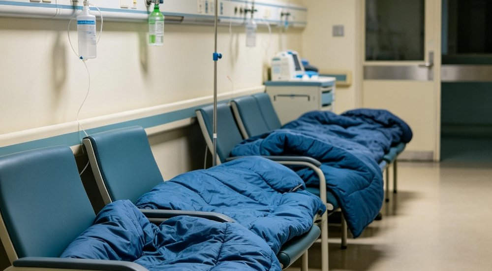 Interior view of hospital emergency room temporary sleeping arrangements with blue sleeping bags placed on reclining chairs for patient overflow during medical crisis response situation