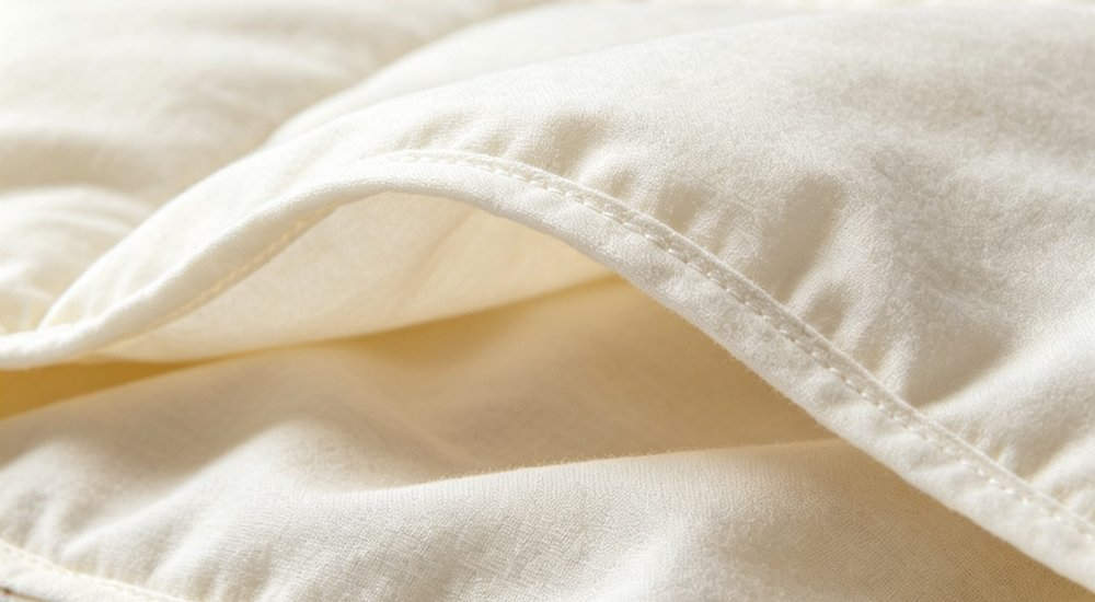 Closeup detail of soft cotton sleeping bag liner being inserted into outer navy blue bag showing hygiene layer for institutional use and easy cleaning maintenance between users