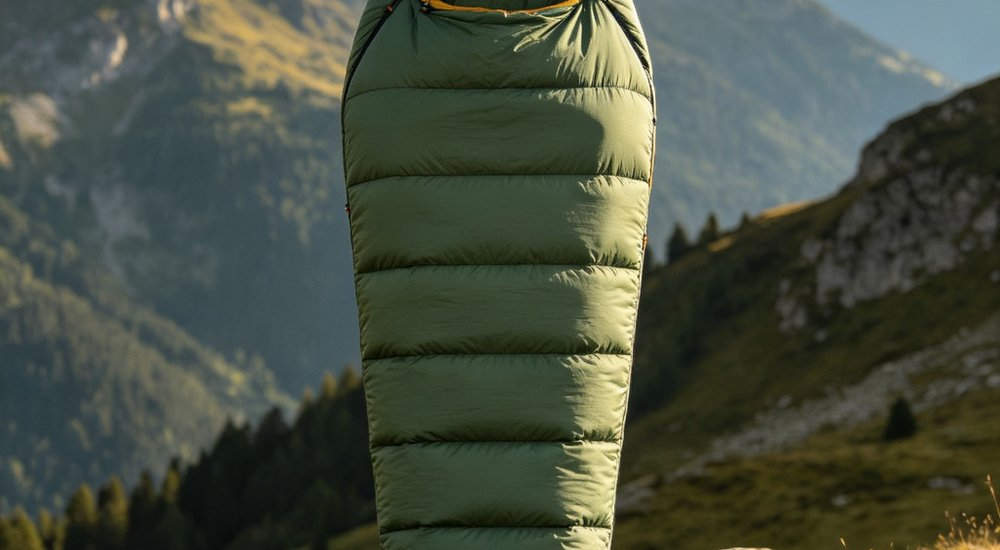 Three quarter view of mummy style sleeping bag with attached hood and tapered tapered shape displayed outdoors in natural forest setting for product comparison and thermal efficiency