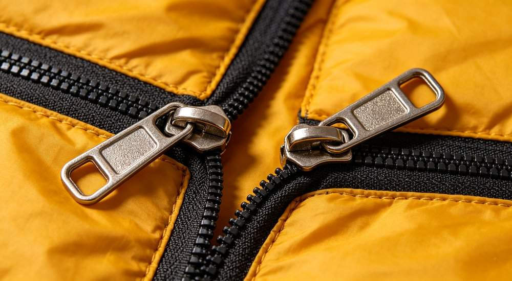 Closeup detail of heavy duty sleeping bag zipper showing metal teeth and slider in navy blue fabric macro photography professional product detail shot with soft studio lighting and high resolution detail