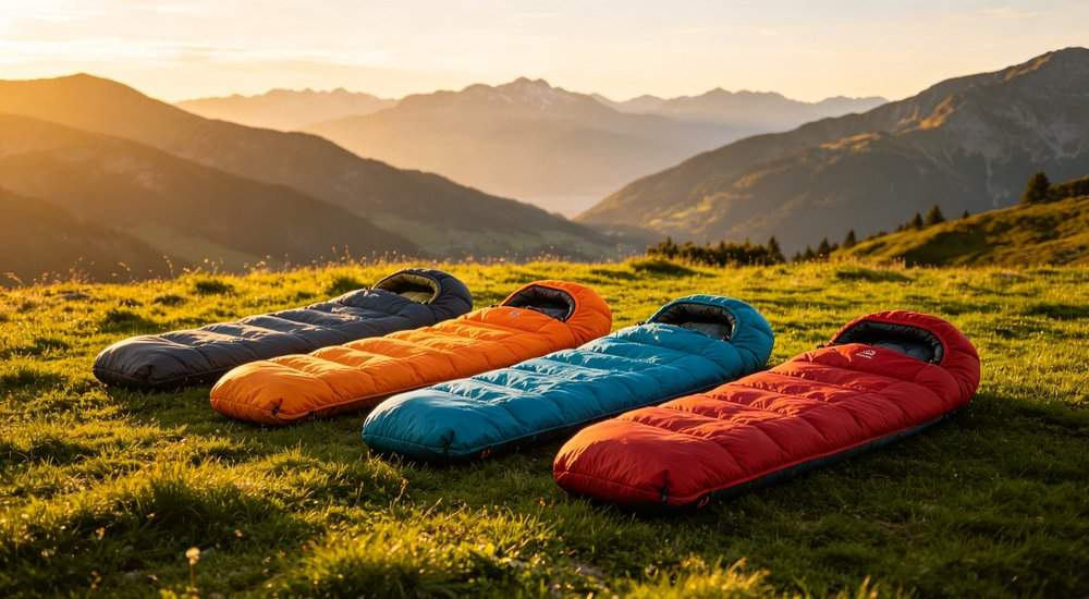 Colorful sleeping bags arranged in row on green meadow with mountains in golden hour light for wholesale display photography and product marketing materials