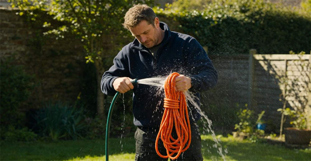 Hands-on shot of cleaning muddy water rescue rope with fresh water spray after flood rescue operation and field use for reliable water rescue operations and emergency response