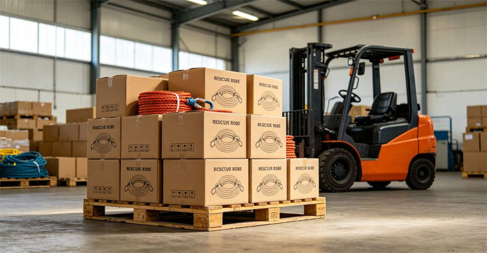 Wide warehouse shot of wholesale rescue rope bulk order cardboard boxes stacked on wooden pallets ready for shipment for wholesale supply chain and bulk order fulfillment