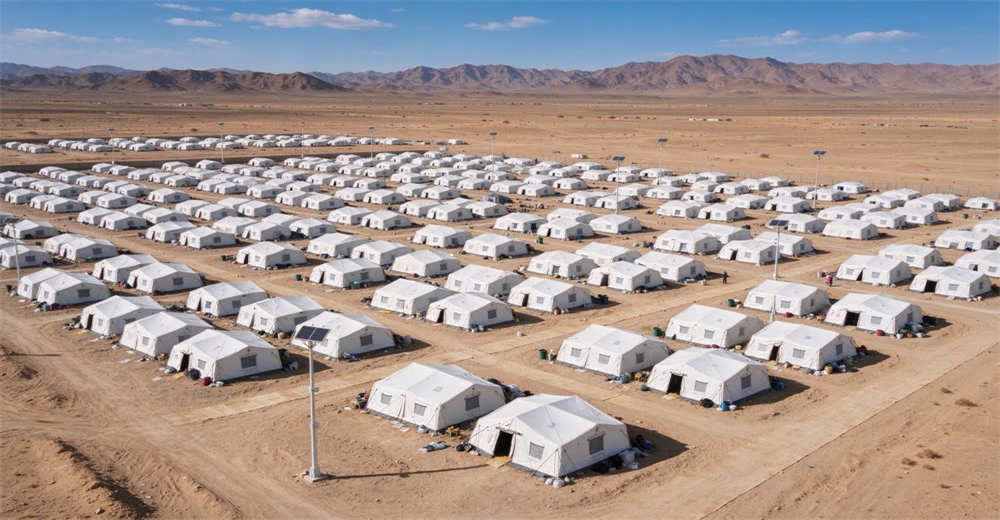 Aerial wide-angle view of a sprawling refugee relief camp with rows of white family tents, dirt pathways and stacked blue emergency blankets, showing wholesale refugee relief supplies for NGO humanitarian aid organizations