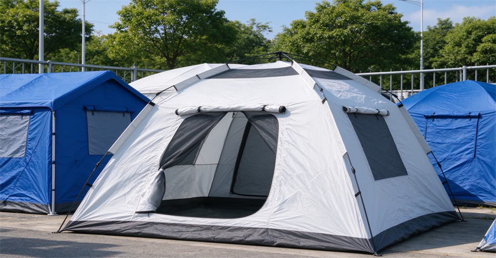 Wide view of rows of white family relief tents at refugee camp showing different tent types including frame tents and dome shelters, demonstrating durable refugee shelter solutions for wholesale procurement