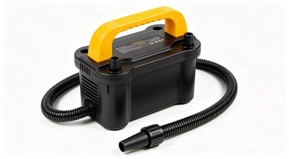 Electric air pump for inflatable tent, portable pump with hose, product shot red and white inflatable emergency shelter for disaster relief operations Electric air pump for inflatable tent, portable pump with hose, product shot red and white inflatable emergency shelter for disaster relief operations