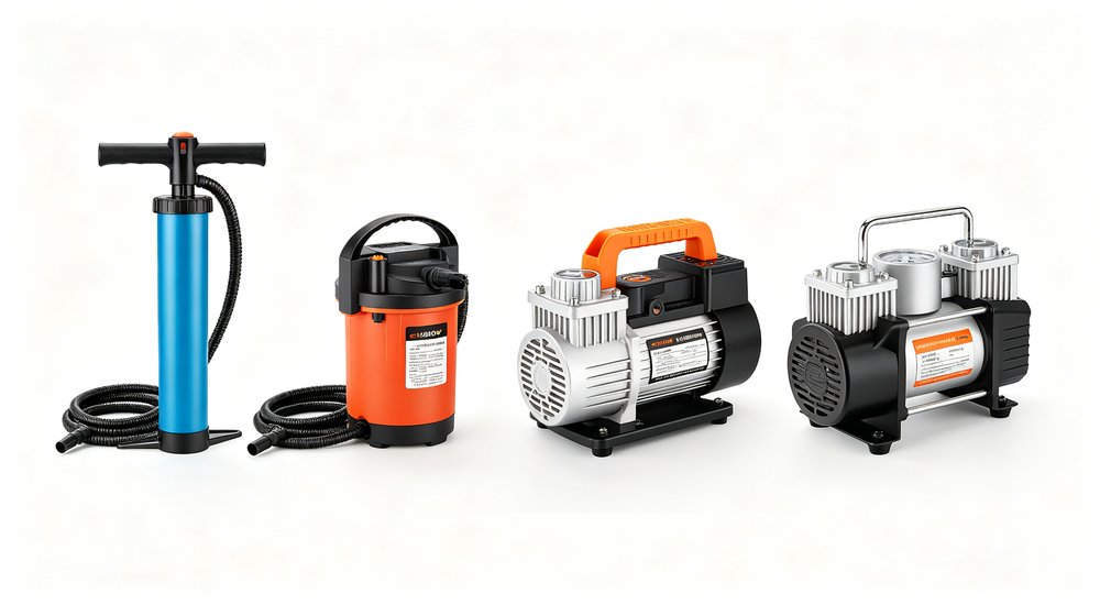 Four types of pumps comparison, manual 600W 1900W dual, product shot inflation equipment for rapid tent deployment in emergency situations