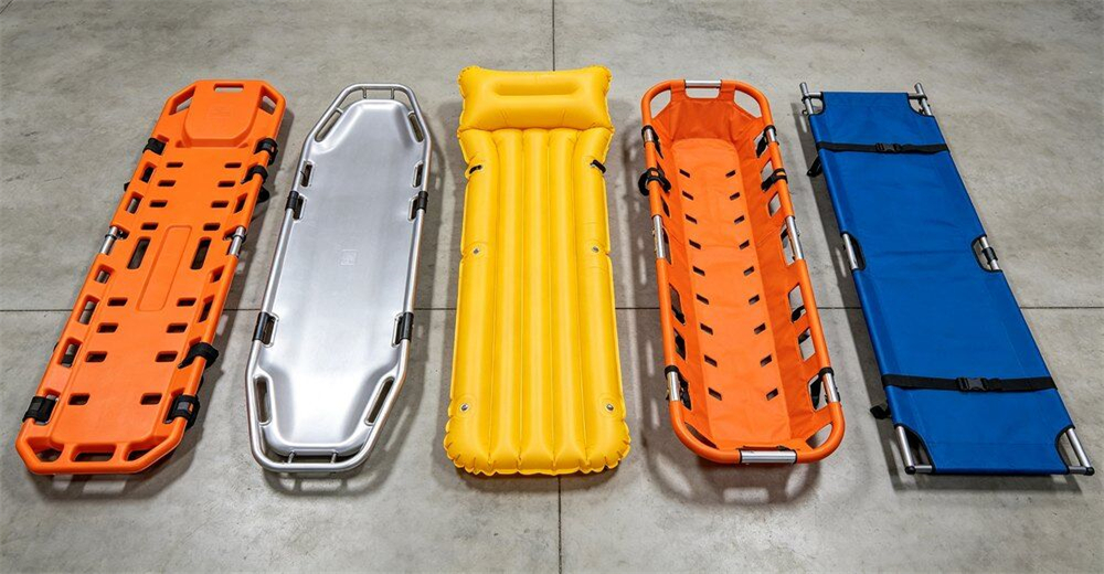 Closeup shot of blue sked rescue stretcher being used by two firefighters to carry patient down concrete office building stairway for wholesale bulk water rescue equipment supply