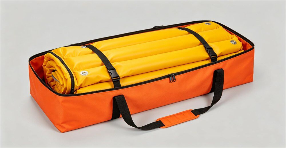Water rescue throw bag and floating rescue stretcher laid out together showing complete water rescue kit for wholesale bulk water rescue equipment supply