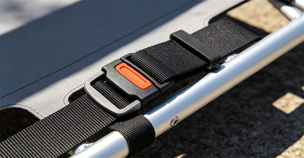 Closeup of scoop stretcher spring loaded locking pins and non slip rubber grip handles for wholesale bulk water rescue equipment supply