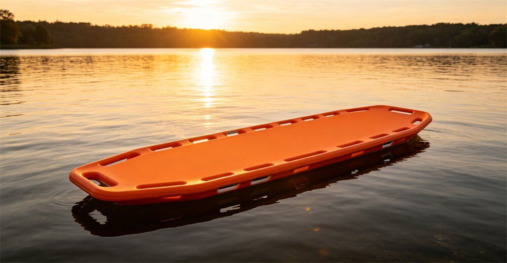 Orange inflatable rescue stretcher floating on calm river water showing stable buoyant support structure for wholesale bulk water rescue equipment supply