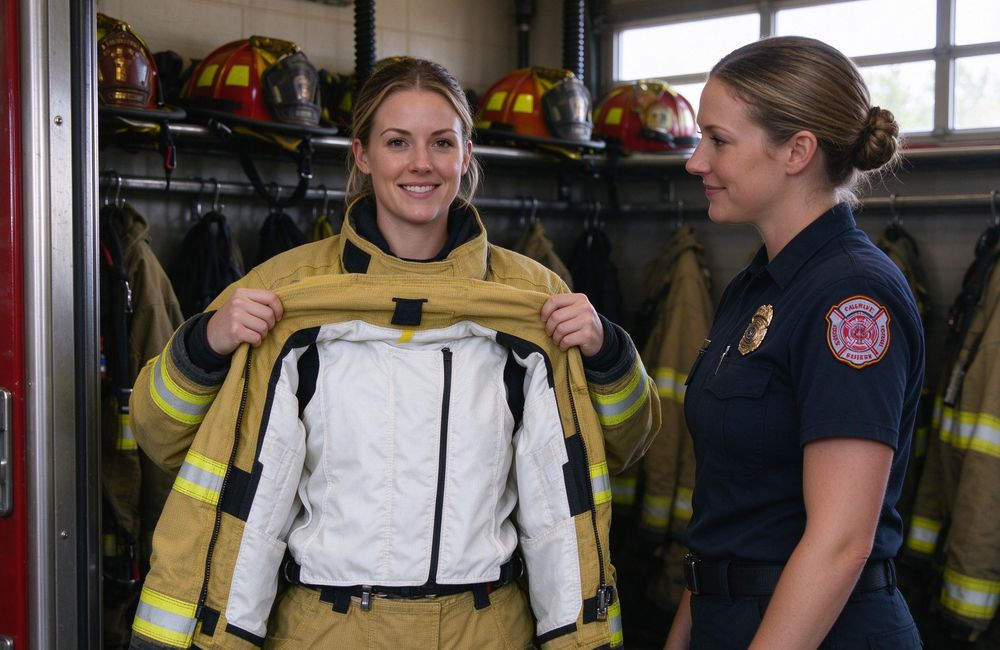 High-angle view of firefighter showing removable thermal liner inside turnout gear coat, moisture barrier thermal liner, yellow thermal liner firefighter turnout gear heat protection for firefighter turnout gear wholesale buyers