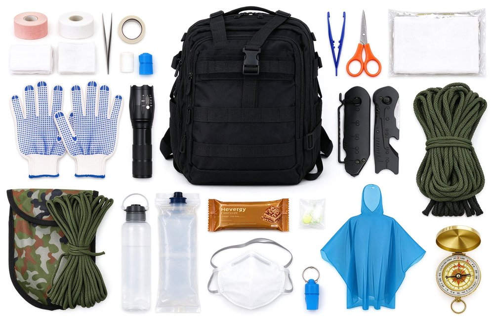 Disaster preparedness kit contents spread flat lay with first aid supplies water food rations flashlight multi-tool for emergency response and evacuation