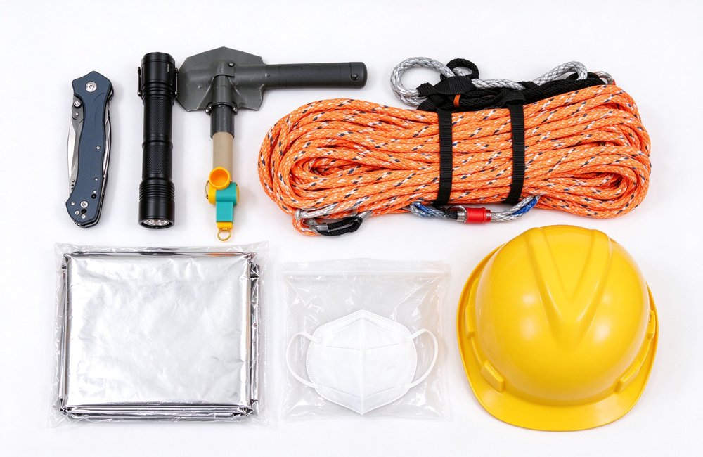 Search and rescue tools closeup in earthquake emergency kit with rescue whistle multi-tool flashlight crowbar for debris removal survivor location