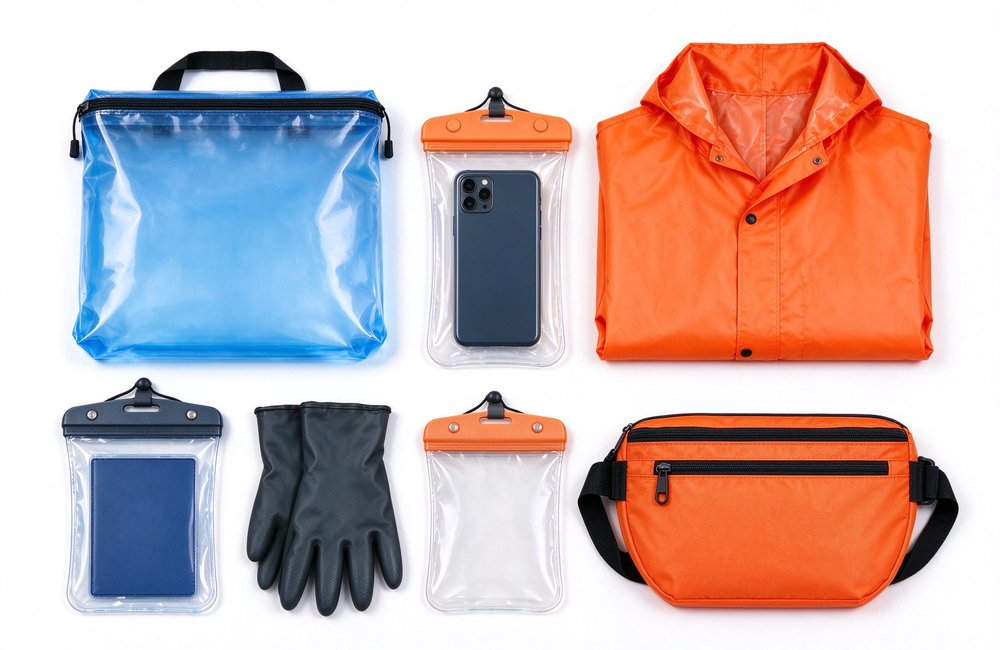 Waterproof equipment closeup in emergency flood kit with waterproof dry bag raincoat waterproof phone case gloves for flood protection water damage prevention
