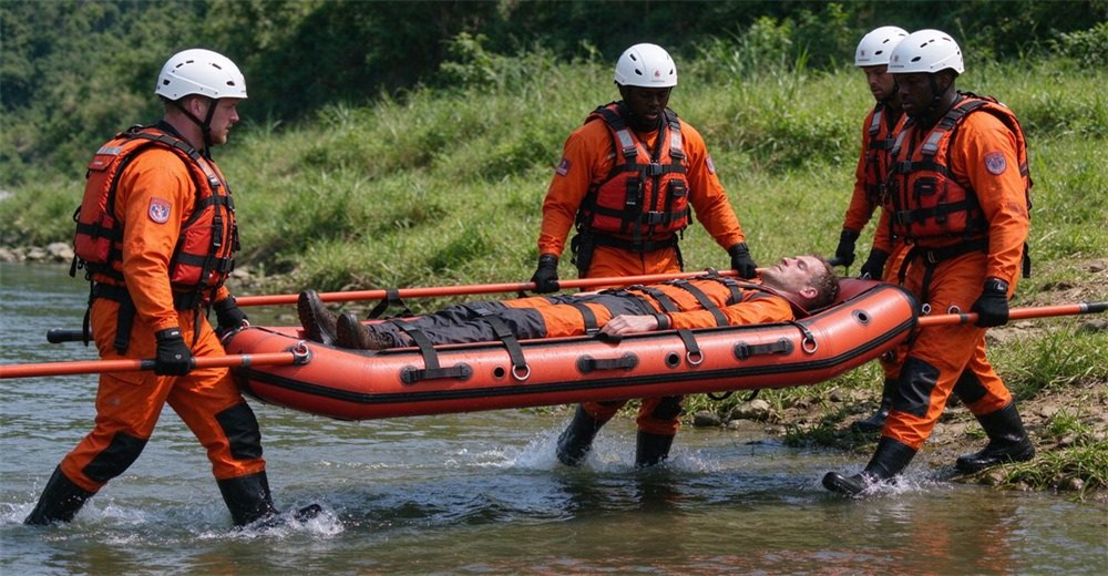 Foam-filled floating platform with horizontal straps converted to stretcher mode, two 2m aluminum poles inserted into side sleeves, four rescuers carrying patient from water to land, authentic product design.