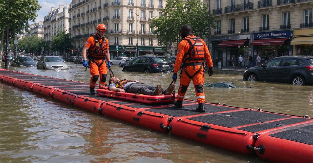 Type 8 authentic inflatable rescue floating bridge RJ-FB01, red-orange inflatable perimeter with black anti-slip EVA top surface, RESCUE text, multiple handles and D-rings, two sections connected, rescuers carrying stretcher across flood water.