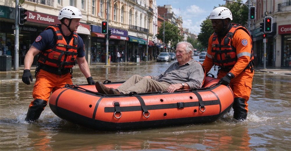 Urban flood waterlogging rescue, authentic foam-filled platform with horizontal straps and buckles, three rescuers in full orange gear transferring elderly man through waist-deep flooded residential street with Chinese shop signs.